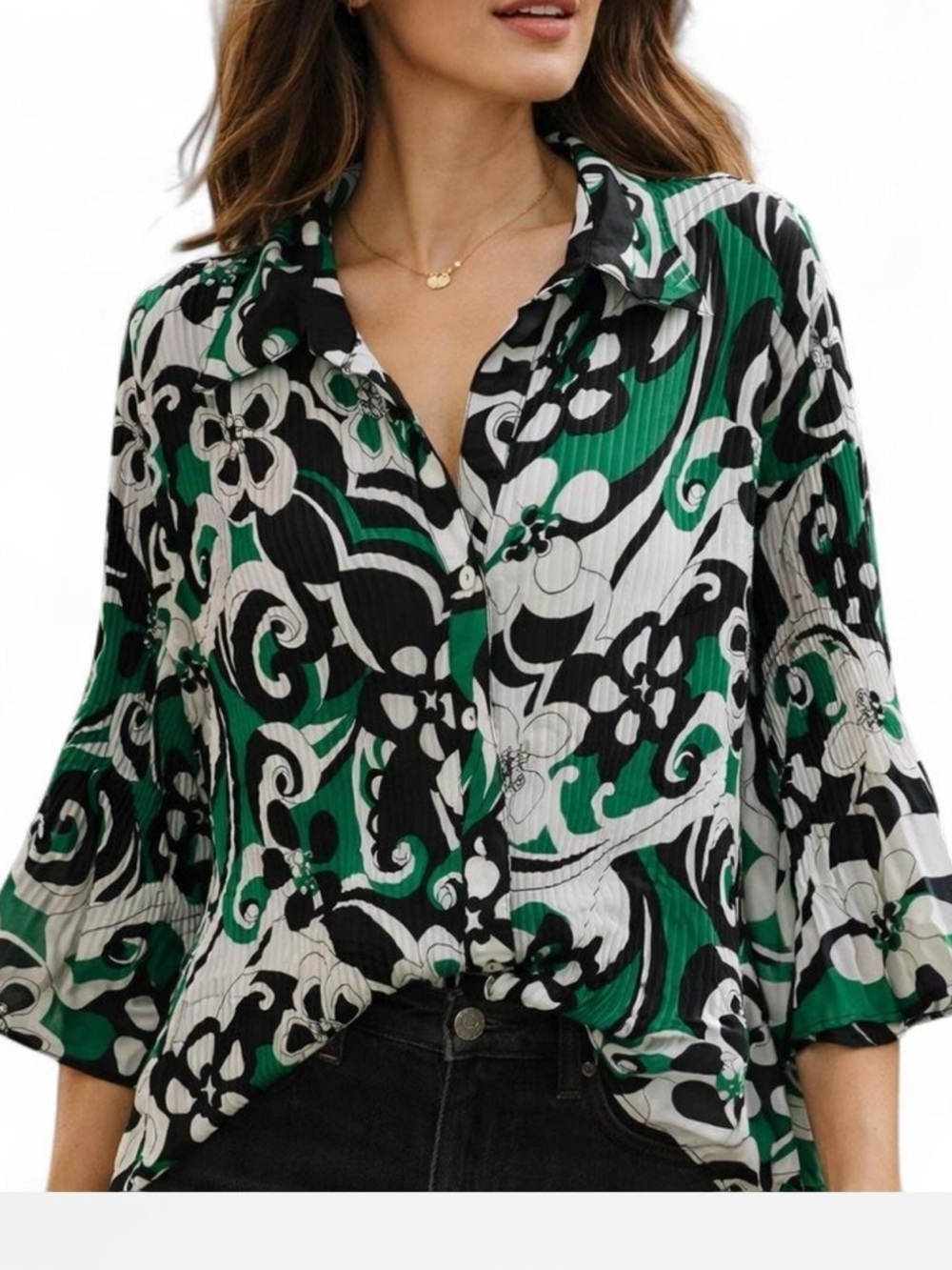 Women's Vintage Green Black Floral Button-Up Pleated Blouse
